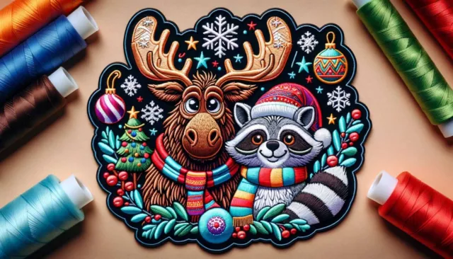 Moose & Raccoon Christmas Patch Iron-on  Applique Wild Animals Badge Craft