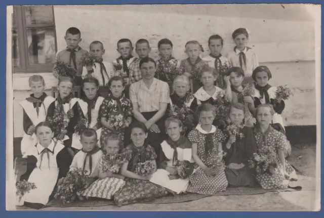 Beautiful girls and boys, schoolchildren with flowers Soviet Vintage Photo USSR