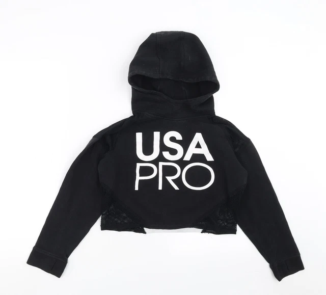 Felpa con cappuccio pullover nera in cotone USA Pro per bambina taglia 11-12 anni - tagliata