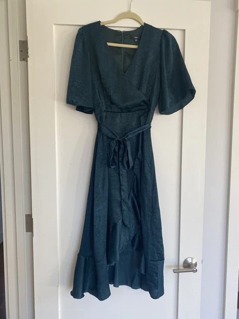 wrapped up in love dark green satin faux-wrap midi dress LULUS Wrapped Up In Love Dark Green Satin Faux-Wrap Midi Dress *NEW*