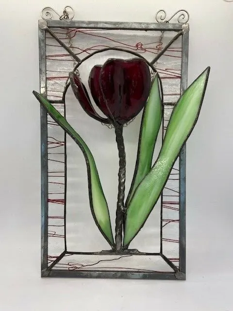 3D Red Tulip Leaded Stained Glass Suncatcher Window Hanging EUC