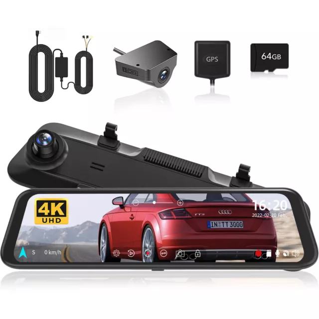 WOLFBOX Mirror Dash Cam 4K Dual Front and Rear Camera Parking Monitor Dash 64GB