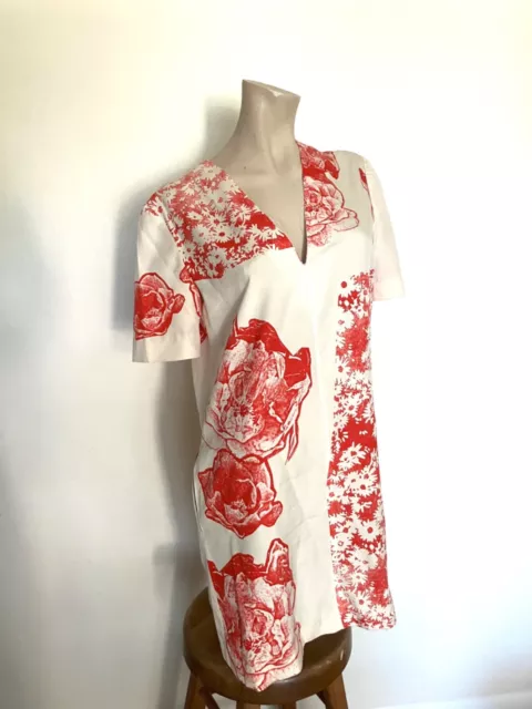 Stella McCartney US 6 IT 42 Noemi Silk Satin Floral Print Dress Shift Beige Red