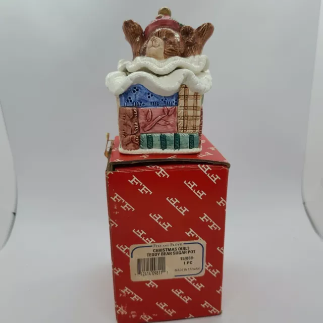 VTG New Fitz & Floyd Christmas Quilt Teddy Bear Sugar Pot 1992 Discontinued