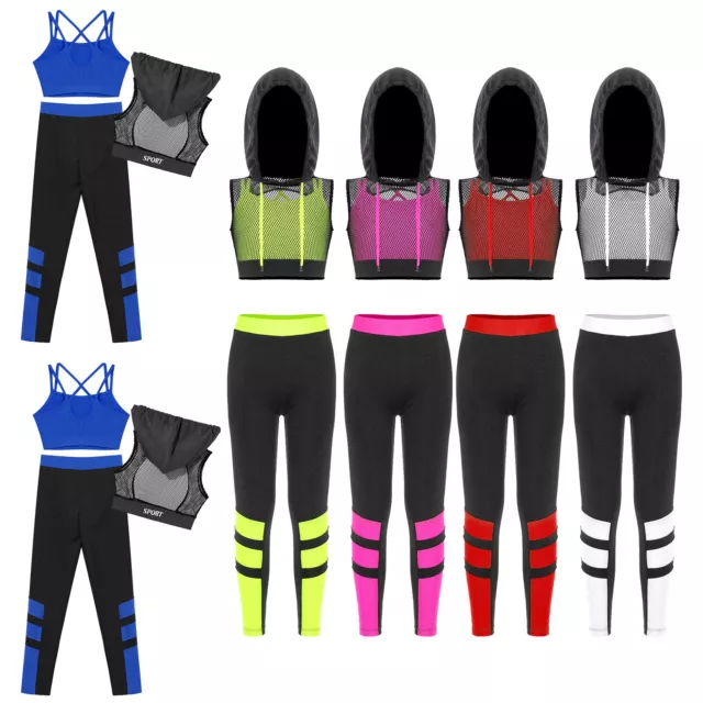 Girls 3 Piece Athletic Leggings Pants with Hooded Crop Top Vest Sets for Hip Hop