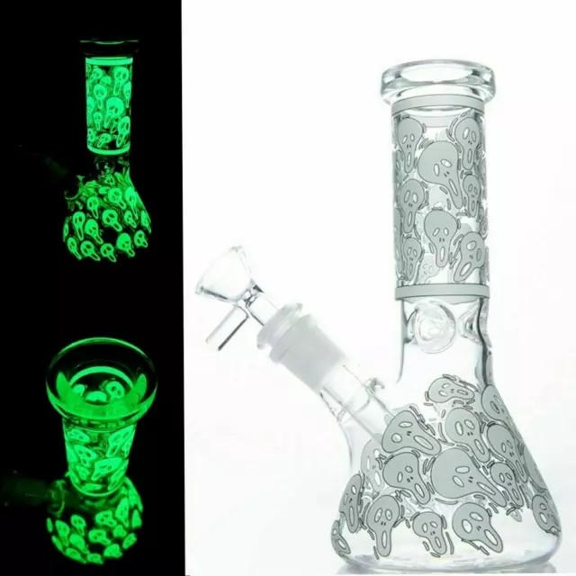 8inch Glow in the Dark Hookah White Skull Smoking Pipes Heavy Glass Hand Pipe