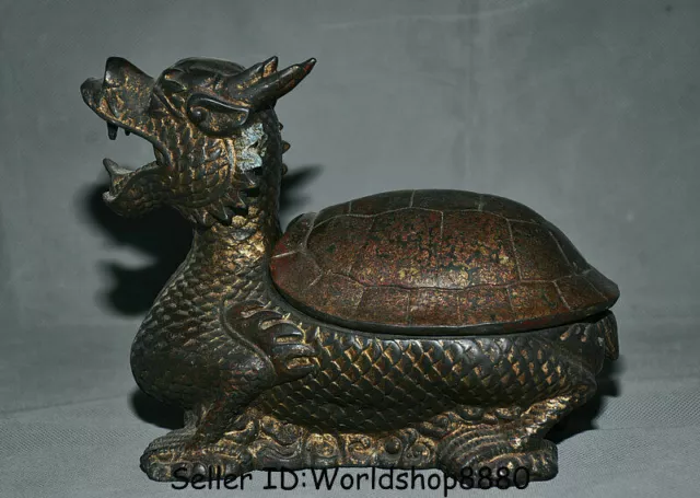 8.4" Antique China Bronze Gilt Dynasty Dragon Turtle Tortoise Zun Incense Burner