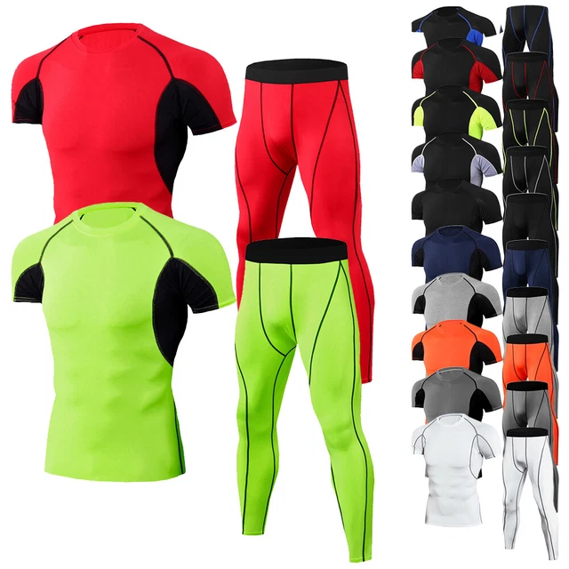Men Sports Gym Muscle Elastic Short Sleeve Tops Long Trousers 2PCS Sets Training