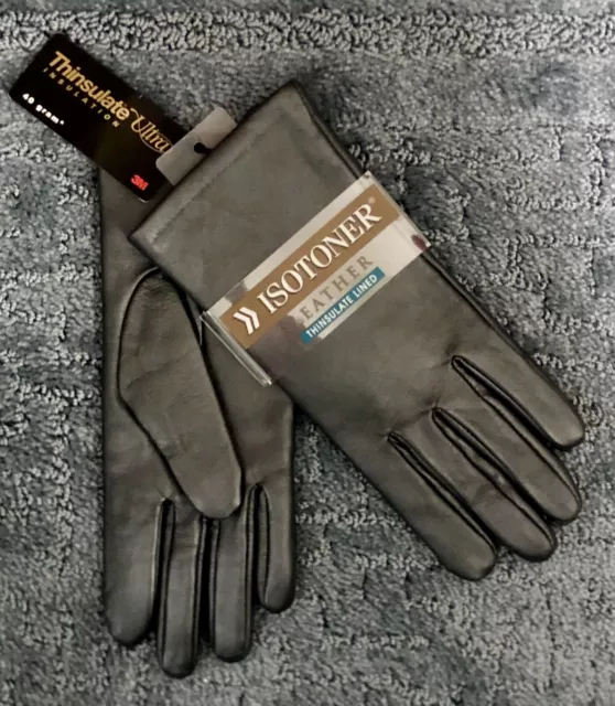 Isotoner Buttery-Soft Leather Thinsulate-Lined Gloves Womens Sz 7.5 Gunmetal NWT