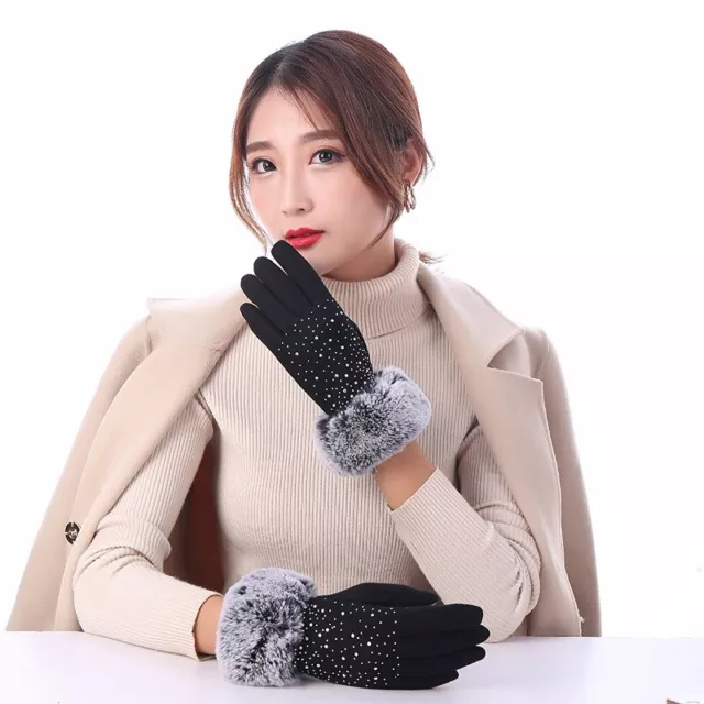 Lady Fleece Lined Gloves Touchscreen Faux Fur Trim Casual Outdoor Driving Winter