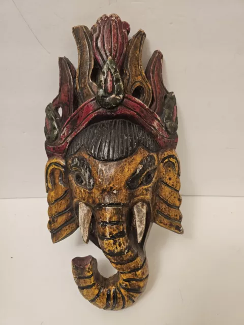 Antique Indian Hand Carved And Painted Wooden Ganesh Elephant God Mask VERY OLD