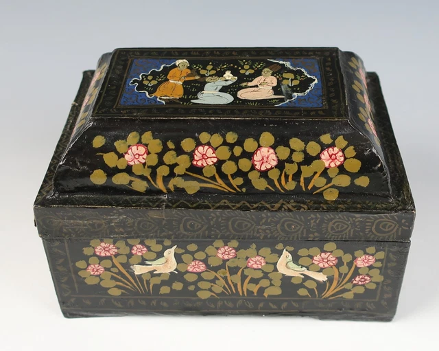 Antique Persian or Indian Papier Mache Lacquer Box Hand Painted Indo Islamic
