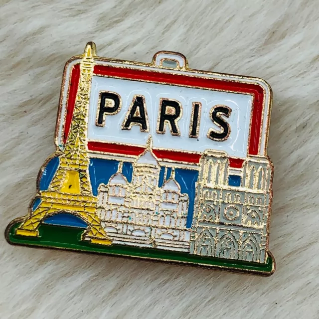 Vtg Paris France Souvenir Enamel Lapel Pin w/ Eiffel Tower & Notre Dame