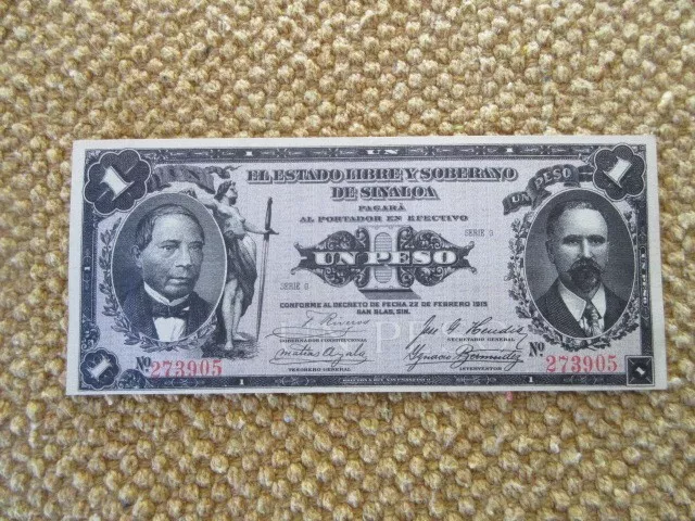 1915 Mexican El Estado Libre Y Soberano De Sinaloa 1 Peso Bank Note, Excellent.