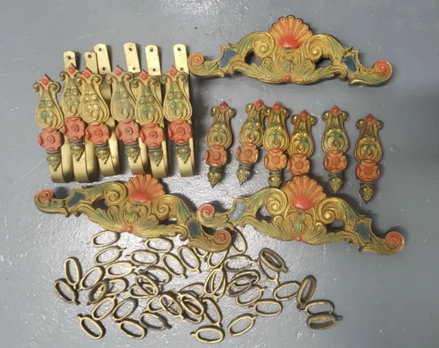 Lot Vtg Drapery Curtain Rod Finials & Escutcheon Plaques Cold Painted Metal BNP