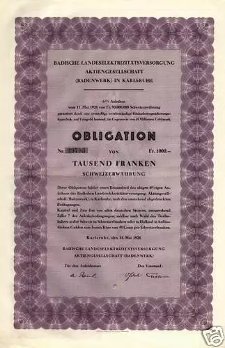 Badenwerk AG, Karlsruhe – 6% Obligation über 1.000 Franken – von 1928