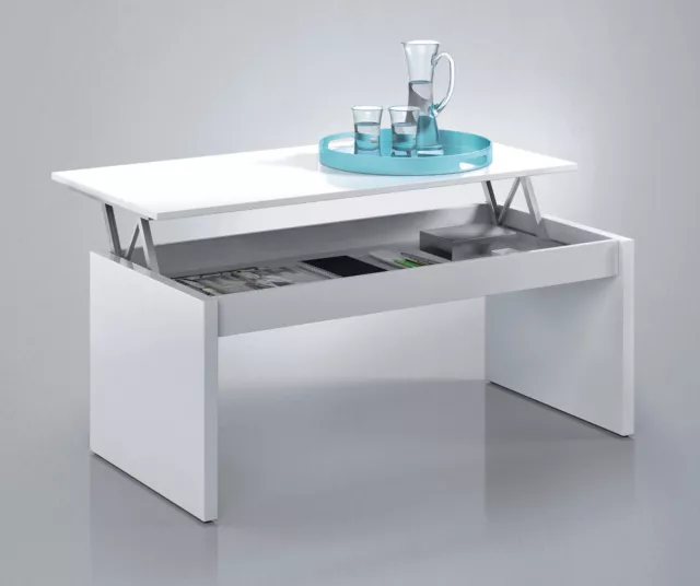 Mesa o mesita de centro elevable para salon o comedor en blanco brillo, 100cm