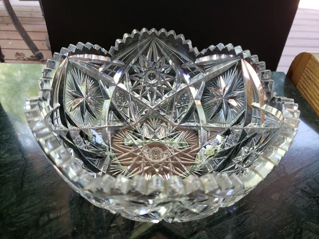 8" Serving Bowl American Brilliant Period Cut glass Crystal Hobstar Flashed Star
