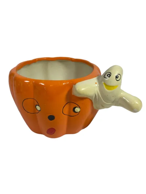 Vintage Halloween Ceramic Pumpkin & Friendly Ghost Hand Painted Pot/Dish/Planter