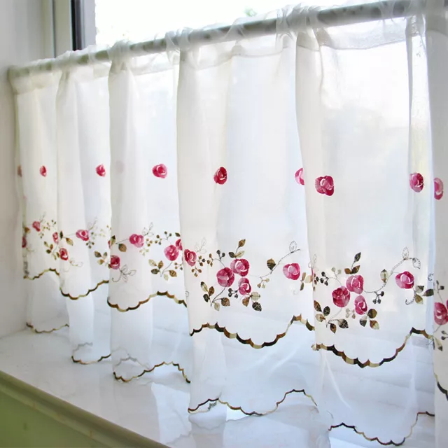 Beautiful Pink Rose Trail Embroidery Double Layer Chic Border Sheer Curtain