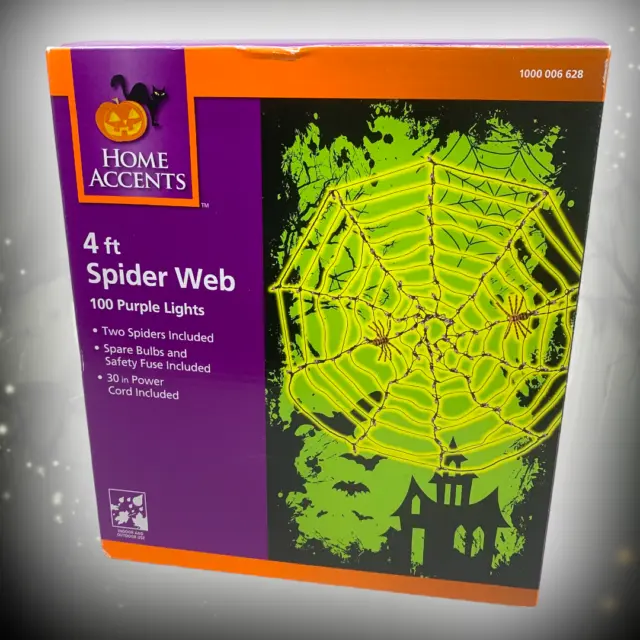 New 4' Halloween Spider Web 100 Purple Lights + Spiders Party Decor Boxed 👻🎃🦇