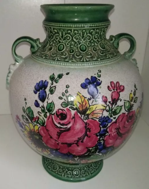 Vase Boule En Céramique Décor De Fleurs, Rose, Frise En Relief. Numéroté, Signé.