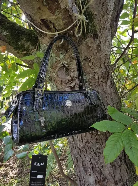 SAC A MAIN Cuir Tres Chic Imitation Croco Vernis Noir EUR 20 00