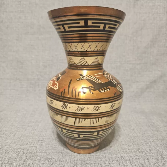 Greek Hand Painted Vintage Copper Vase-7 inches Tall Fine Detail