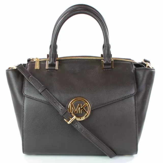 Michael Kors Handbag Dark Brown Leather Medium Hudson Top Zip Satchel Bag