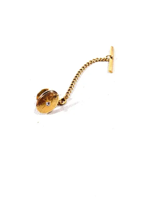 Vintage Gold Tone Rhinestone Oval Tie Tack With Chain