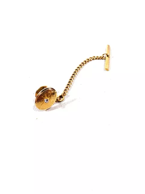 Vintage Gold Tone Rhinestone Oval Tie Tack With Chain