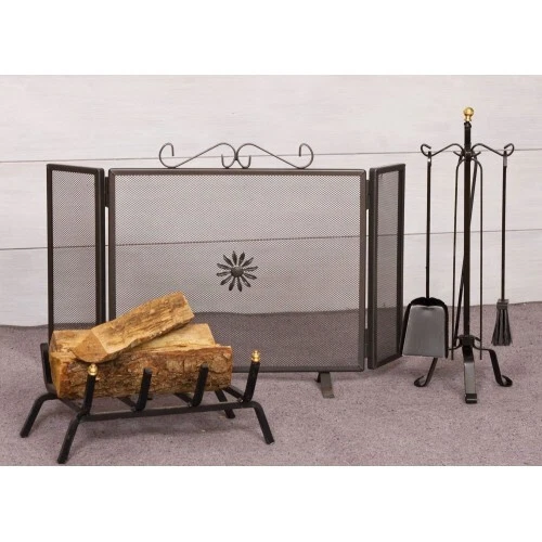 Set Parascintille Brucialegna 4 Attrezzi Accessori per Camino Caminetto Paletta