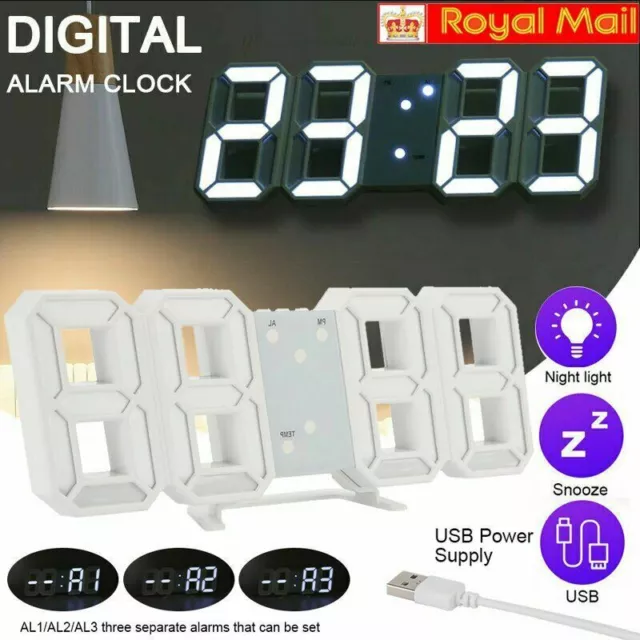 3D LED Digital Table Wall Clock Large Display Alarm Clock Brightness Electronic