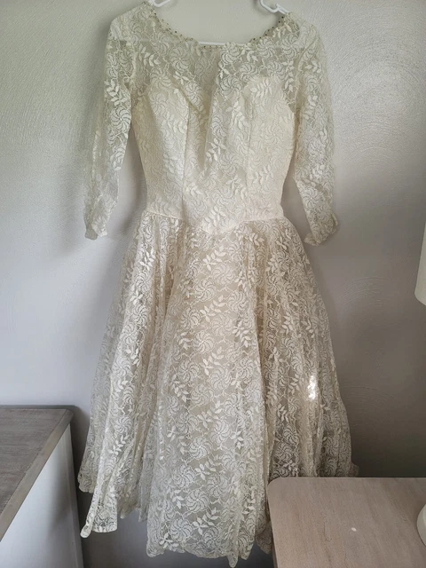 Vintage Emma Domb 1950's Full Lace Pearl Bead Boho Chic Wedding Dress