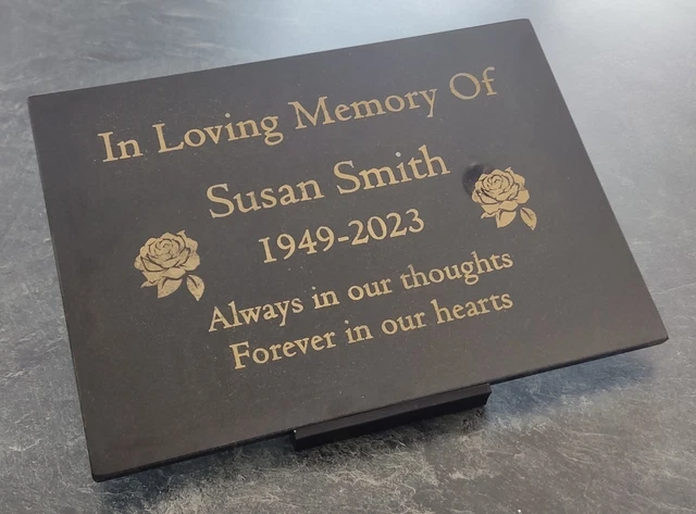 Personalised Black Granite Memorial Plaque - 29x21cm, Engraved With Gold Lettering, Includes Display Stand