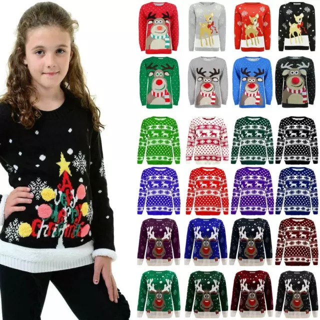 Boys Girls Christmas Jumper Novelty Knitted Pom Pom Xmas Sweater Kids Pullover