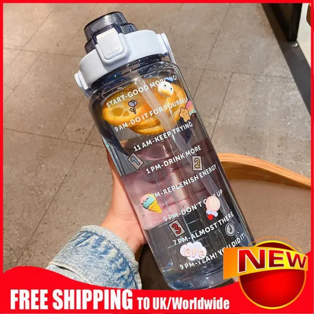 Water Bottle Cup Sport Straw Drinking Jug with Time Scale Stickers (Blue)