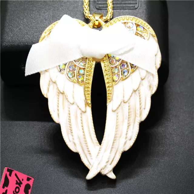 Hot Fashion Women White Enamel Cute Bow Wings Crystal Pendant Chain Necklace