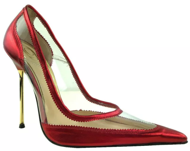 Cq Pumps Decolte Crystal Transparent Sexy Pvc Leather Gold Metal Heels Red Rosso 3