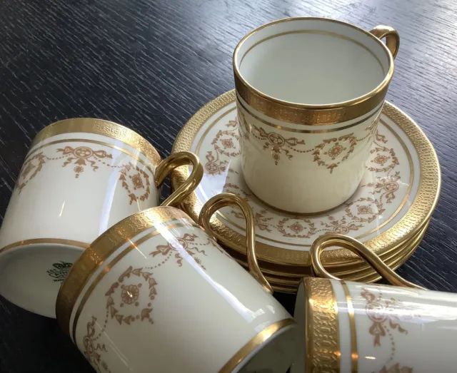 Four Aynsley Gold Dowery Coffee Cans Demi Tasse with Saucers.