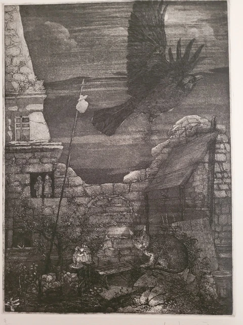 Lithographie signée et numérotée décor d'oiseau et de chat signature à identifie 2
