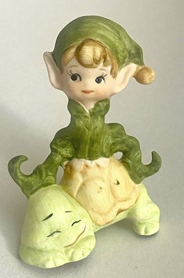 Vintage Lefton Pixie Elf Figurine On Turtle Figurine 2.5" H x 2" W