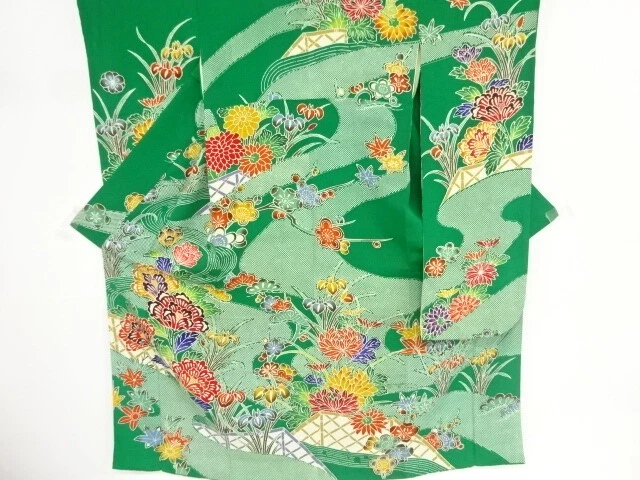 83202# Japanese Kimono / Antique Furisode / Chirimen / Katazome / Stream With Pe