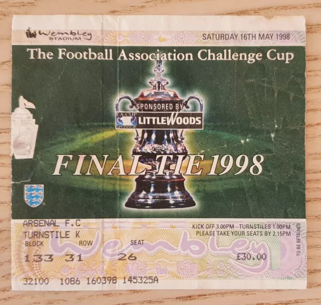 ARSENAL v NEWCASTLE UNITED FA CUP FINAL TICKET 1998. ORIGINAL MATCH TICKET