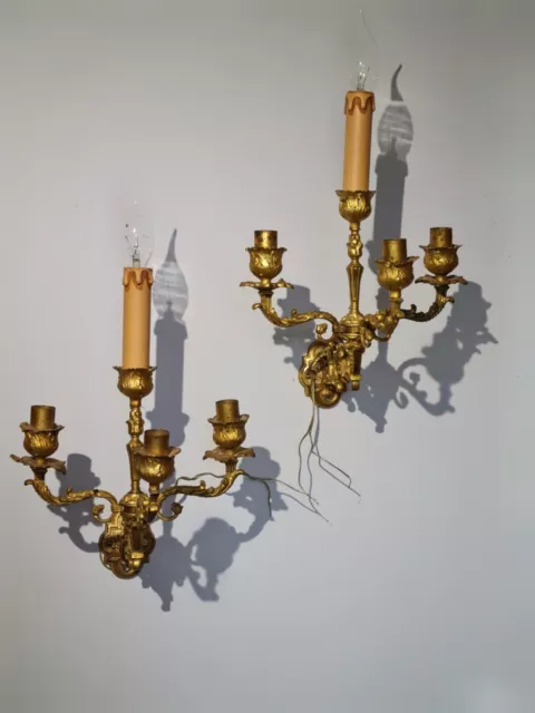 Pair Antique ornate French gilt brass piano,wall, sconce,light .1 light 3 candle