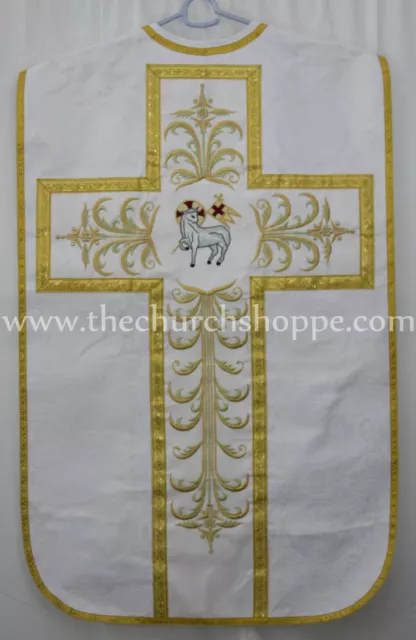 Blanco Romano Casulla Fiddleback Vestment 5pc Juego, Agnus Dei Bordado