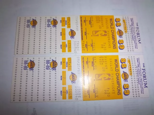 Vintage L.A. Lakers vs Dallas Mavericks Unused Tickets (2) - Jan. 20, 1989