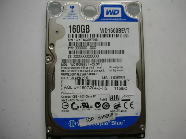 WD Scorpio Bleu 160gb WD1600BEVT-22ZCT0 2061-701499-E00 Af HDD 2,5 " SATA HD PCB