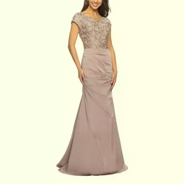 La Femme Champagne  Embroidered Bodice Ruched Trumpet Gown Size 14 Orig $558