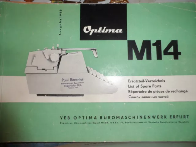SM166-1  SCHREIBMASCHINE Ersatzteil- Verzeichnis Optima M14 Ausgabe 1965 in deut